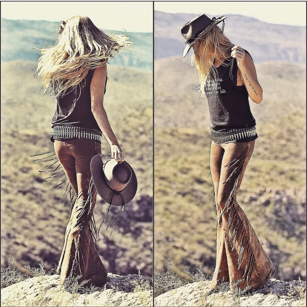 PETITE LENGTH High Waisted Fringe Bell Bottoms in SADDLE TIE DYE Festival Bells - Picture 4 of 10
